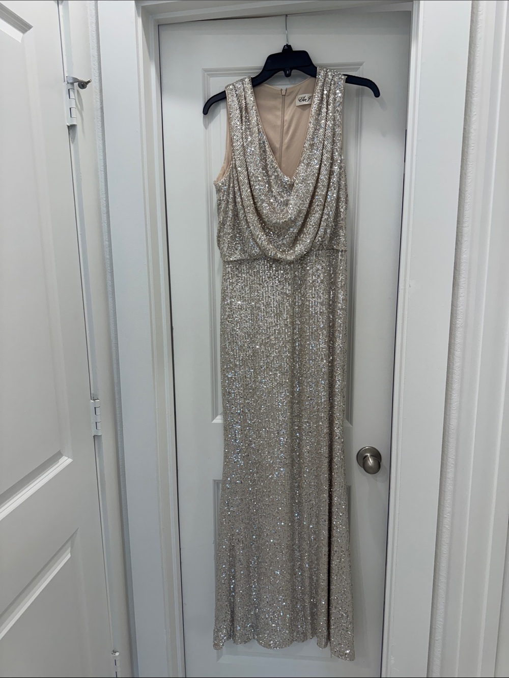 Eliza J Champagne Sequin Draped Gown
